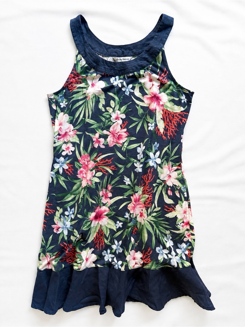 Tommy Bahama Tropical Floral Ruffle Hem Dress Navy Pink Size S Small
